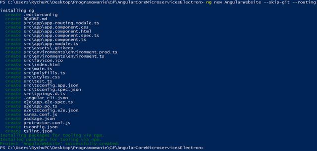 "ng new AngularWebsite --ski-git --routing" command run in powershell finished successfully
