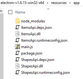 Content of electron/resources/app: node_modules folder, itemsApi.deps.json, ItemsApi.dll, ItemsApi.runtimeconfig.json, main.js, package.json, ShapesApi.deps.json, ShapesApi.dll, ShapesApi.runtimeconfig.json