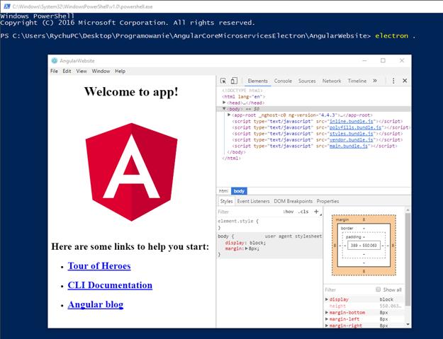 "Electron ." command run in powershell. Electron window displaying angular application as a result.