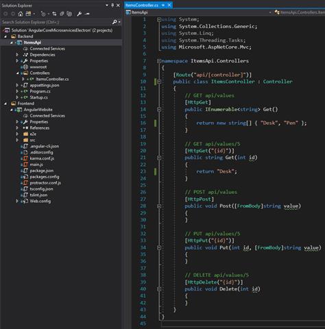 Current state of ItemsControler with Get() method returning Desk and Pen and Get(int id) method returning Desk. Also solution explorer window showing ItemsApi project in Backend folder.