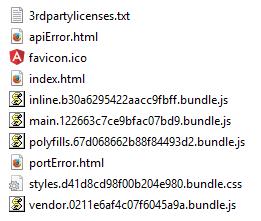 dist folder containing 3rdpartylicenses.txt, favicon.ico, index.html, inline.bundle.js, main.bundle.js, polyfills.bundle.js, styles.bundles.css, vendor.bundle.js, apiError.html, portError.html