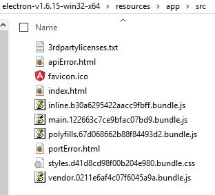 Electron/resources/app/src folder containing 3rdpartylicenses.txt, favicon.ico, index.html, inline.bundle.js, main.bundle.js, polyfills.bundle.js, styles.bundles.css, vendor.bundle.js, apiError.html, portError.html