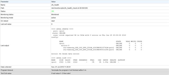 ZFS health check status on the web user interface