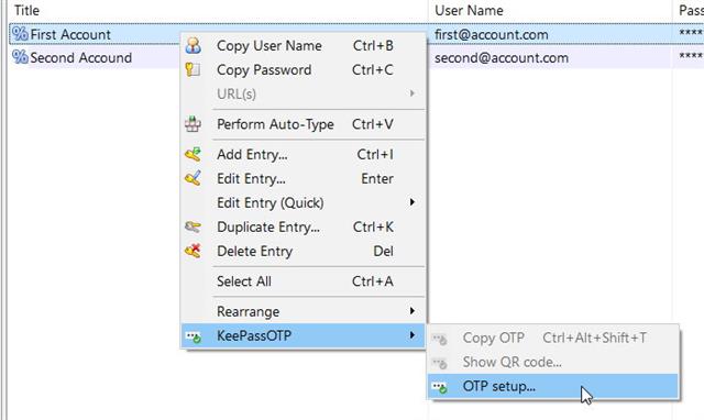 KeePassOTP context menu